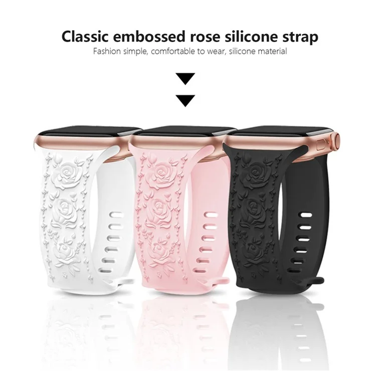 KALEBOL Rose Embossed Watch Strap for Apple Watch Series 10 9 8 7 SE 6 5 4 3 2 1 42mm 41mm 40mm 38mm Silicone Band - White