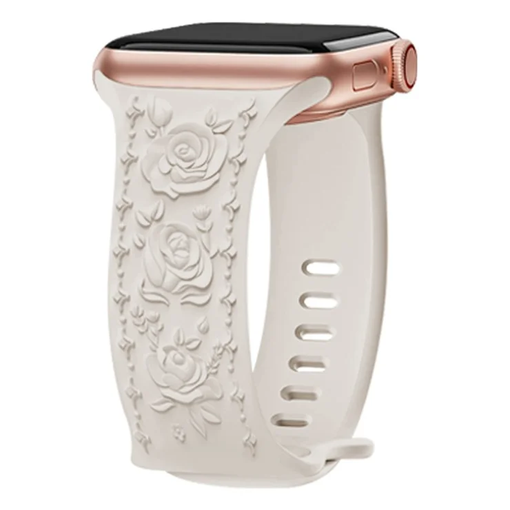 KALEBOL Rose Embossed Watch Strap for Apple Watch Series 10 9 8 7 SE 6 5 4 3 2 1 42mm 41mm 40mm 38mm Silicone Band - Starlight