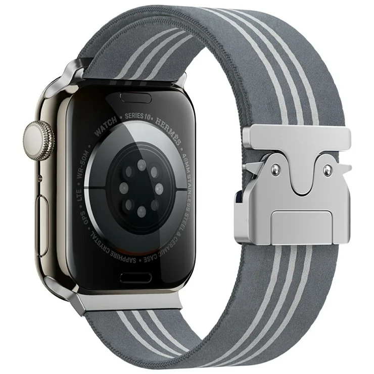 KALEBOL Nylon Watch Band for Apple Watch Series 10 9 8 7 SE 6 5 4 3 2 1 42mm 41mm 40mm 38mm Parachute Buckle Strap - Grey+White / Three Stripes