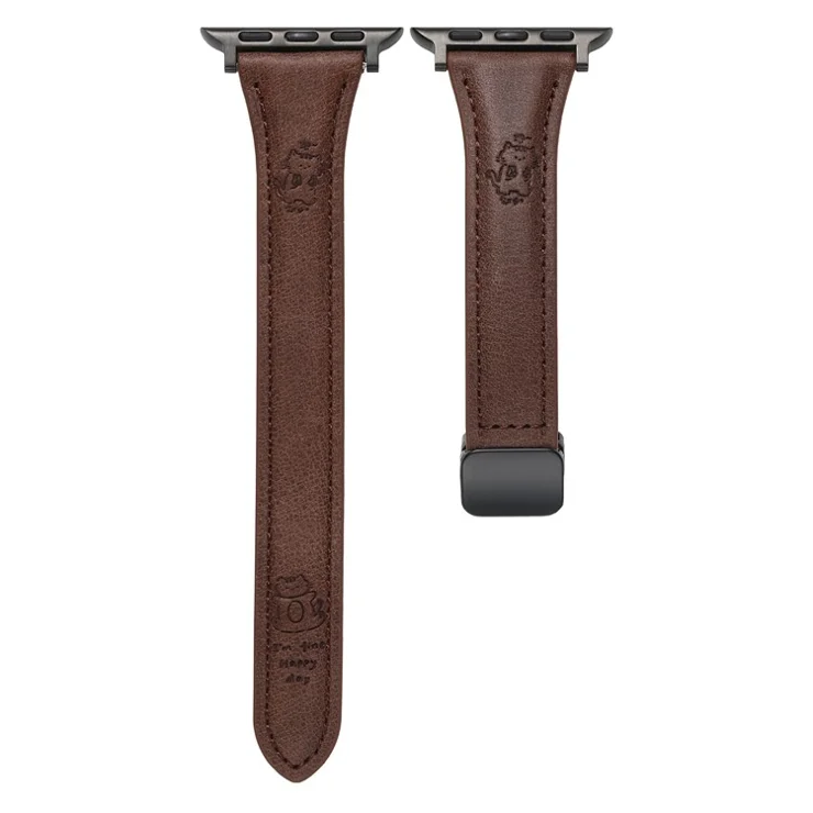Leather Strap for Apple Watch Series 10 9 8 7 SE 6 5 4 3 2 1 42mm 41mm 40mm 38mm Watch Band Cartoon Cat Design - Dark Brown