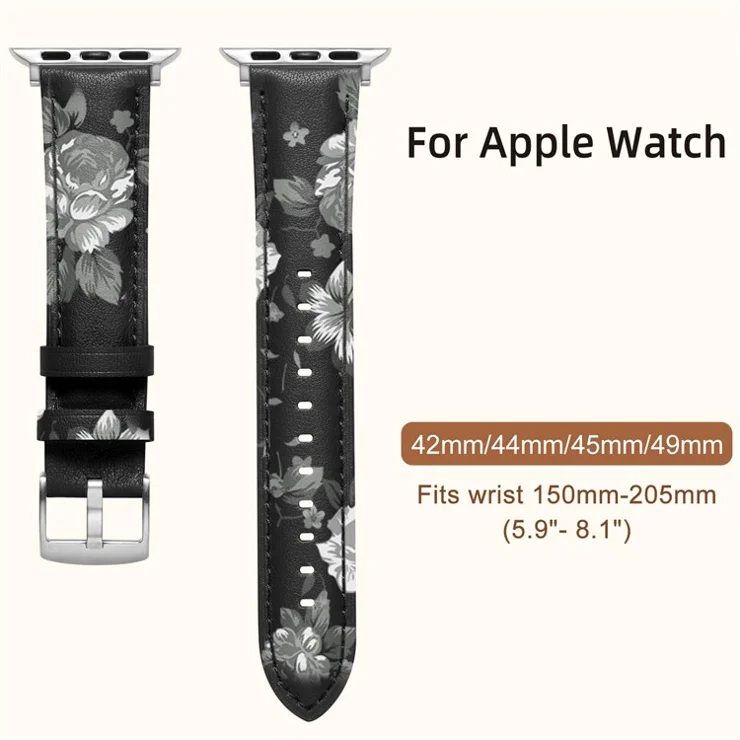 Leather Band For Apple Watch Series 10 Ultra 9 8 7 SE 6 5 4 3 2 1 46mm 49mm 45mm 44mm 42mm Pointed Tail Strap Silver Buckle - Black / Grey Flowers