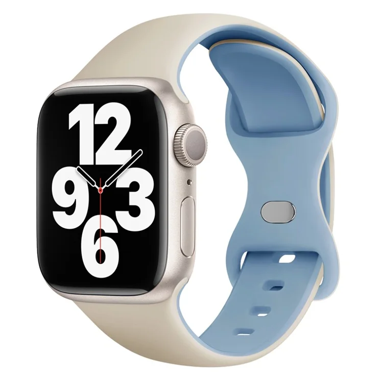 KALEBOL Silicone Watch Strap for Apple Watch Series 10 9 8 7 SE 6 5 4 3 2 1 42mm 41mm 40mm 38mm Butterfly Buckle Band - White + Misty Blue