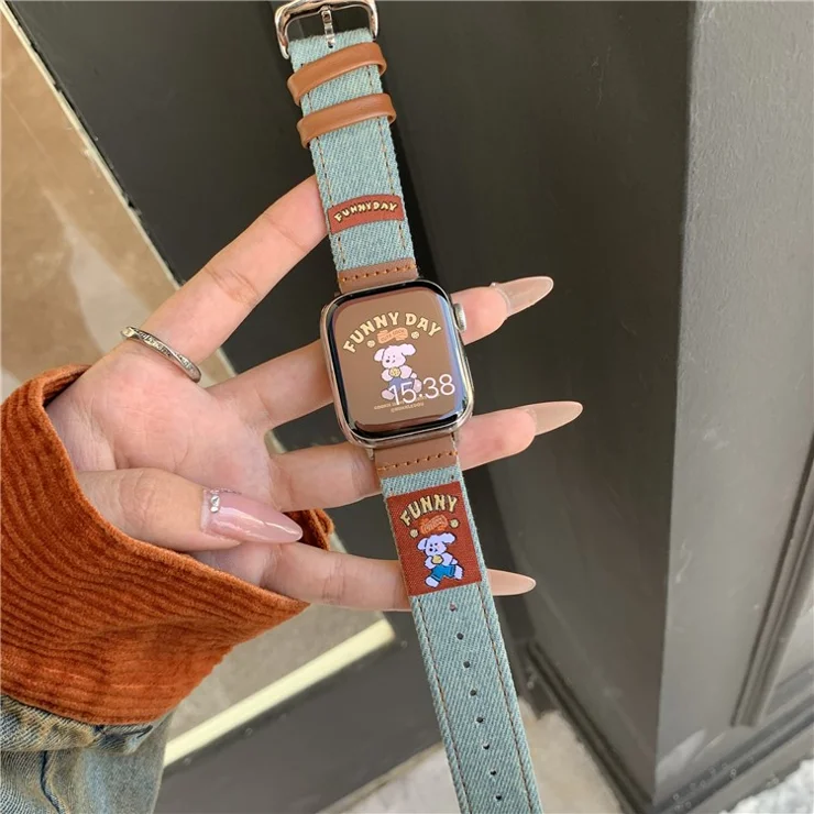 Denim Watch Band for Apple Watch Series 10 Ultra 9 8 7 SE 6 5 4 3 2 1 46mm 49mm 45mm 44mm 42mm Retro Replacement Strap - Dog / Dark Blue