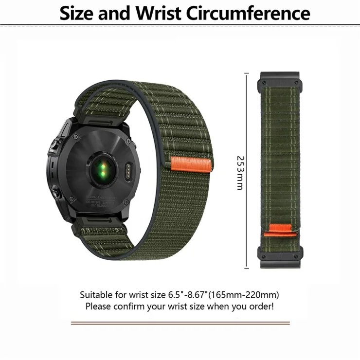 KALEBOL 26mm Nylon Watch Strap for Garmin Fenix 7X / 7X Pro / 6X / 6X Pro Ocean Wave Wrist Band - Army Green