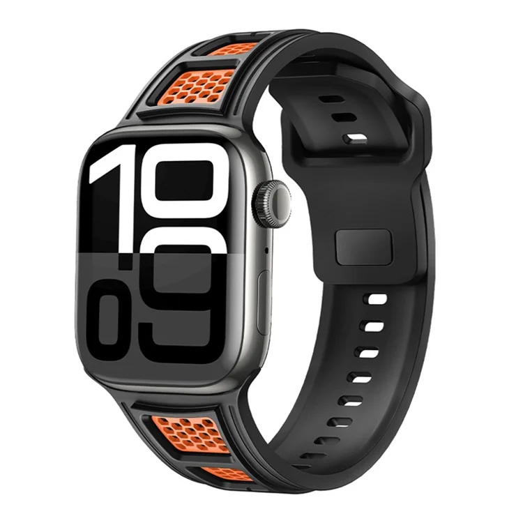 Sporty Watch Band for Apple Watch Series 10 Ultra 9 8 7 SE 6 5 4 3 2 1 46mm 49mm 45mm 44mm 42mm Dual Color Holes Design Silicone Strap - Black+Orange