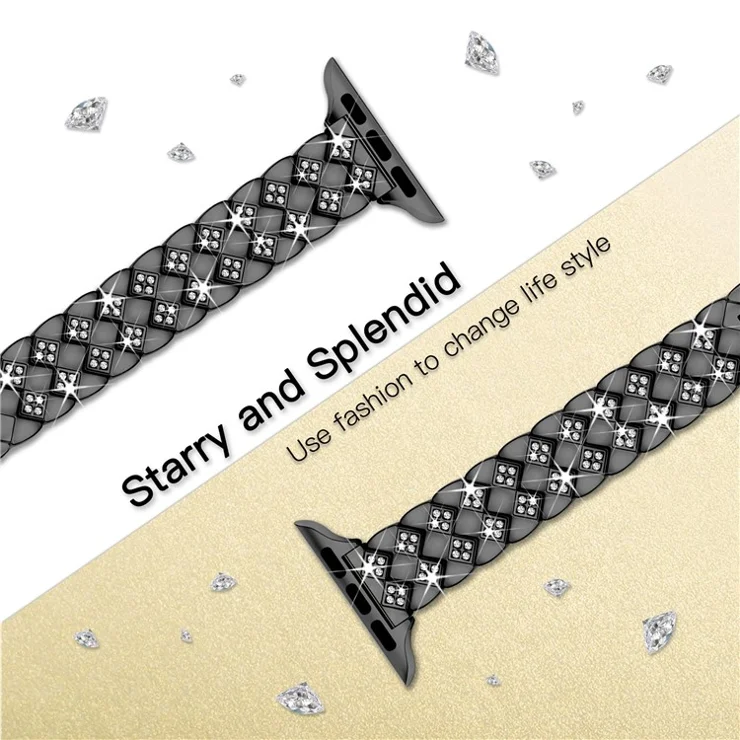 KALEBOL Diamond Shape Watch Band for Apple Watch Series 10 9 8 7 SE 6 5 4 3 2 1 42mm 41mm 40mm 38mm Rhinestone Zinc Alloy Strap - Black