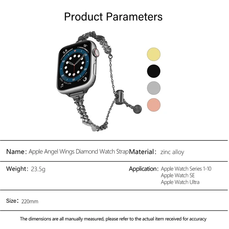 KALEBOL Rhinestone Watch Band for Apple Watch Series 10 9 8 7 SE 6 5 4 3 2 1 42mm 41mm 40mm 38mm Angel Wings Zinc Alloy Strap - Gold