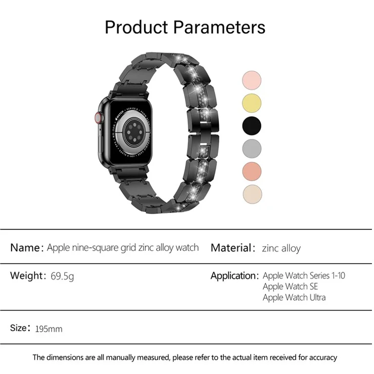 KALEBOL Rhinestone Watch Band for Apple Watch Series 10 Ultra 9 8 7 SE 6 5 4 3 2 1 46mm 49mm 45mm 44mm 42mm Grid Block Zinc Alloy Strap - Pink
