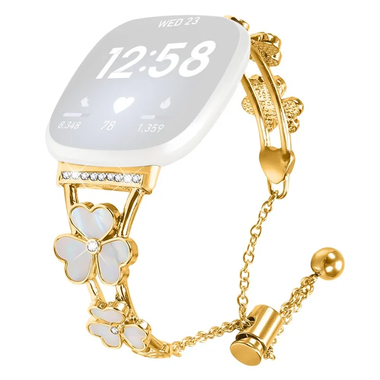 For Fitbit Versa 4 / Sense 2 Watchband Heart Clover Decor Zinc Alloy Metal Strap - Gold