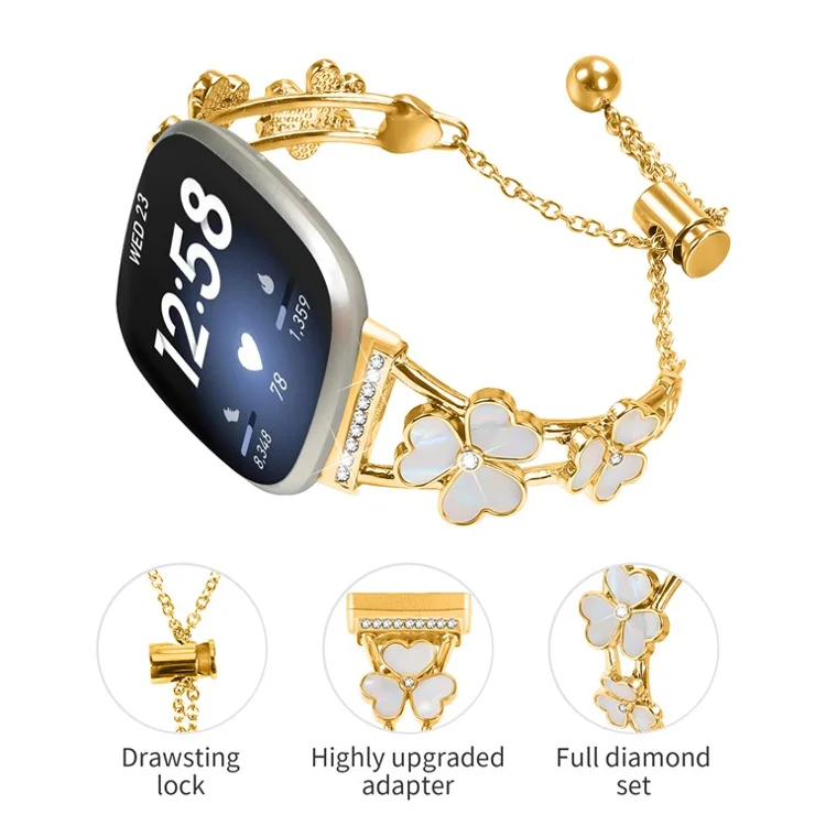 For Fitbit Versa 4 / Sense 2 Watchband Heart Clover Decor Zinc Alloy Metal Strap - Gold