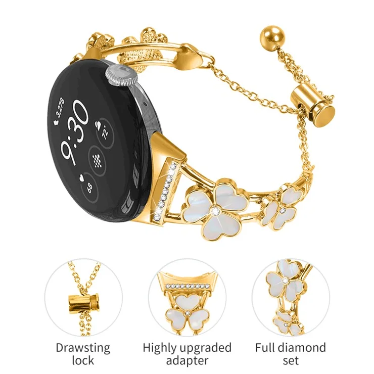 For Google Pixel Watch 2 / Pixel Watch Heart Clover Decor Watchband Zinc Alloy Metal Strap - Gold