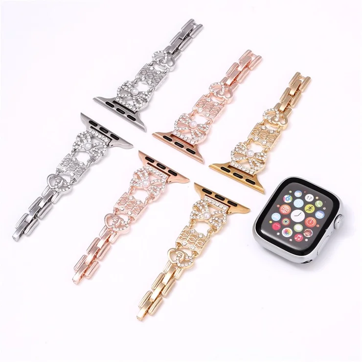 Metal Strap for Apple Watch Series 10 9 8 7 SE 6 5 4 3 2 1 42mm 41mm 40mm 38mm Bowknot Decor Watch Band - Silver