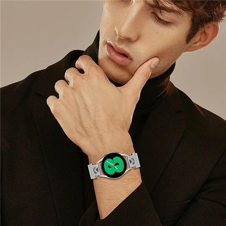 For Samsung Galaxy Watch Active Strap Rhinestones Decor 3-Bead Silver Stainless Steel Watch Band