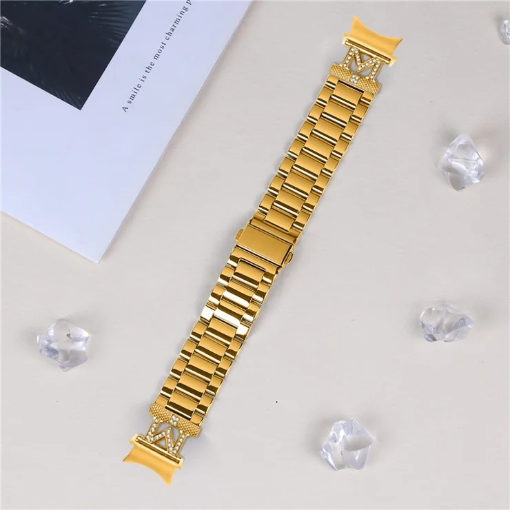 Watch Band with Quick Release Connector for Samsung Galaxy Watch 5 / Watch 5 Pro / Watch4 , 3-Bead Stainless Steel Strap - Gold
