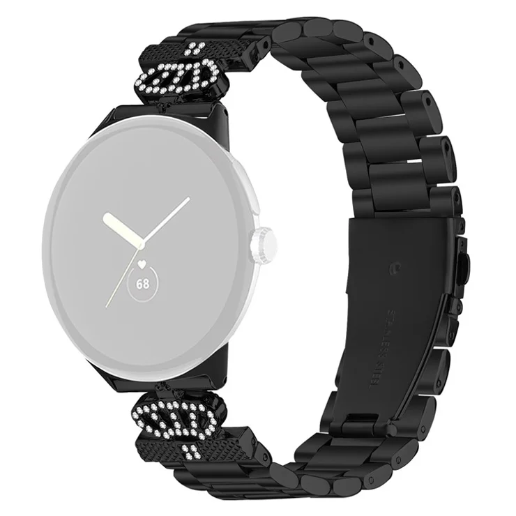 For Google Pixel Watch 2 / Watch Stainless Steel Strap Crown Shape Rhinestone Decor Watch Band - Black