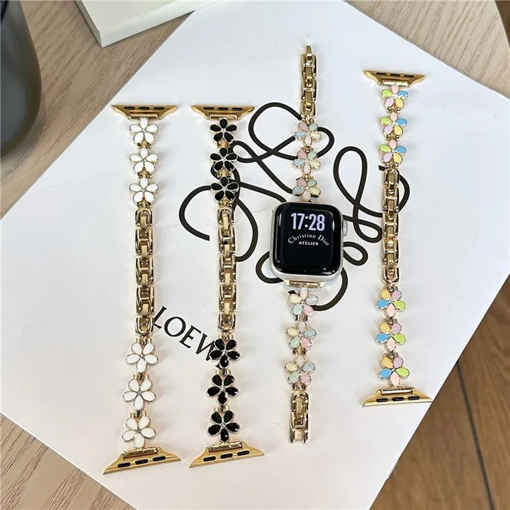 Watch Band for Apple Watch Series 10 9 8 7 SE 6 5 4 3 2 1 42mm 41mm 40mm 38mm Flower Design Zinc Alloy Wrist Strap - Colorful+Gold