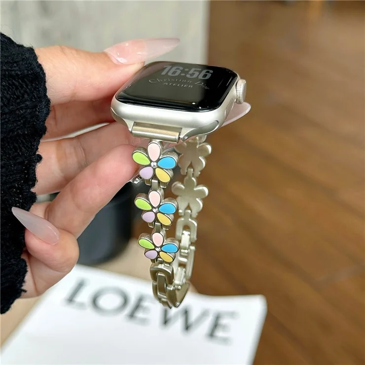 Watch Band for Apple Watch Series 10 Ultra 9 8 7 SE 6 5 4 3 2 1 46mm 49mm 45mm 44mm 42mm Flower Design Zinc Alloy Wrist Strap - Colorful+Starlight