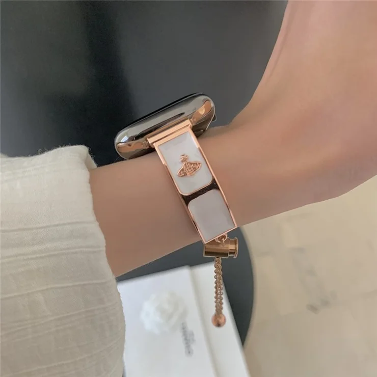 Watch Band For Apple Watch Series 10 Ultra 9 8 7 SE 6 5 4 3 2 1 46mm 49mm 45mm 44mm 42mm Enamel Saturn Bracelet Metal Strap - Rose Gold + White