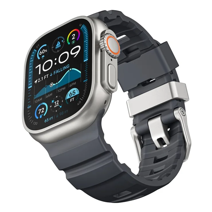 Fluorubber Band For Apple Watch Series 10 Ultra 9 8 7 SE 6 5 4 3 2 1 46mm 49mm 45mm 44mm 42mm Watch Straps - Black / Silver Buckle