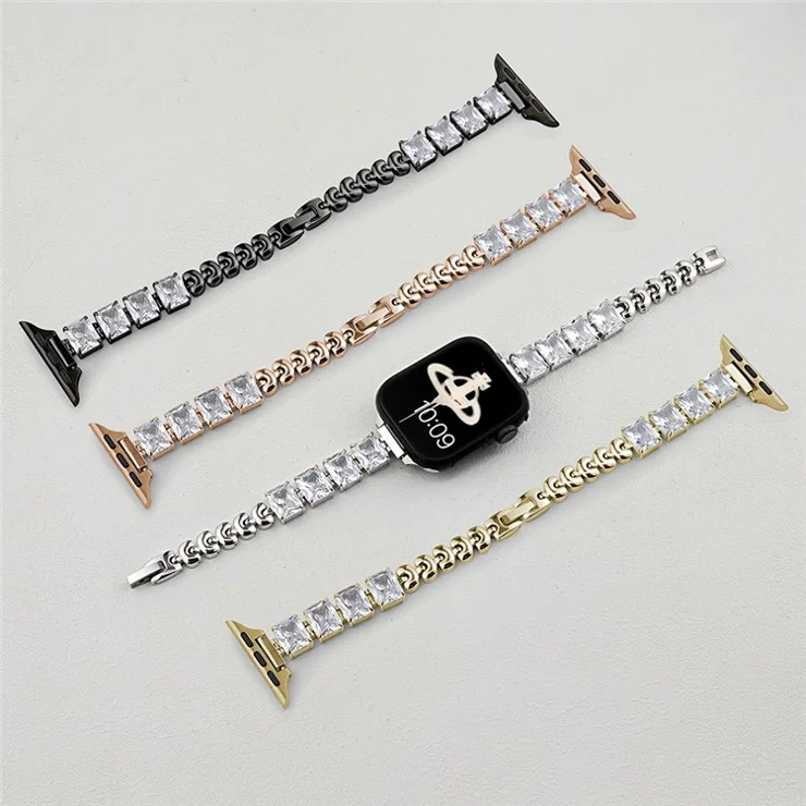 Copper Chain Strap for Apple Watch Series 10 9 8 7 SE 6 5 4 3 2 1 42mm 41mm 40mm 38mm Square Rhinestone Watch Band - Silver