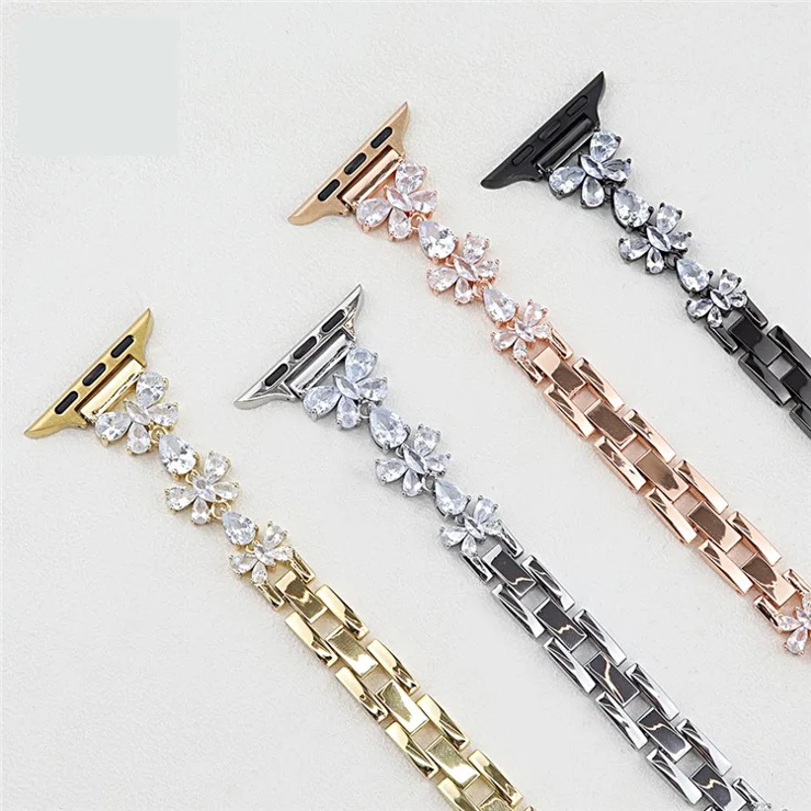 Copper Chain Strap for Apple Watch Series 10 9 8 7 SE 6 5 4 3 2 1 42mm 41mm 40mm 38mm Butterfly Zircon Decor Watch Band - Rose Gold