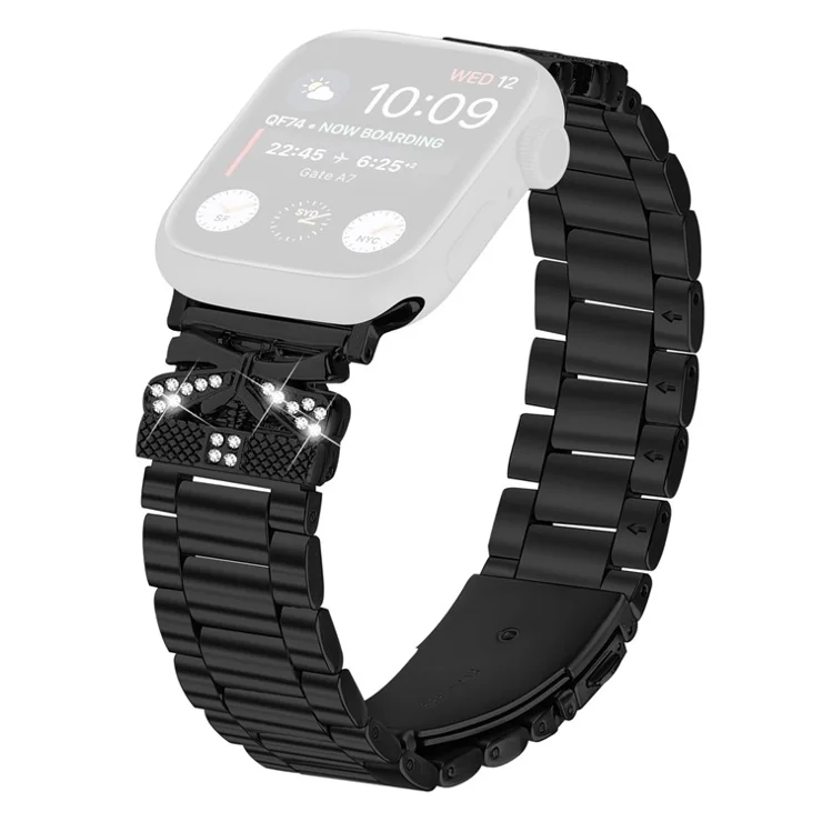 Replacement Strap for Apple Watch Series 10 9 8 7 SE 6 5 4 3 2 1 42mm 41mm 40mm 38mm Butterfly Rhinestones Decor Watch Band - Black