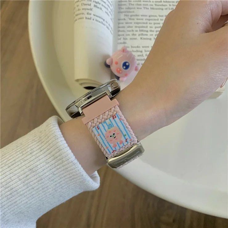 22mm Nylon Strap for Huawei Watch GT 5 46mm / 5 Pro 46mm / Samsung Galaxy Watch3 45mm Little Monsters Decor Braided Watch Band - Pink