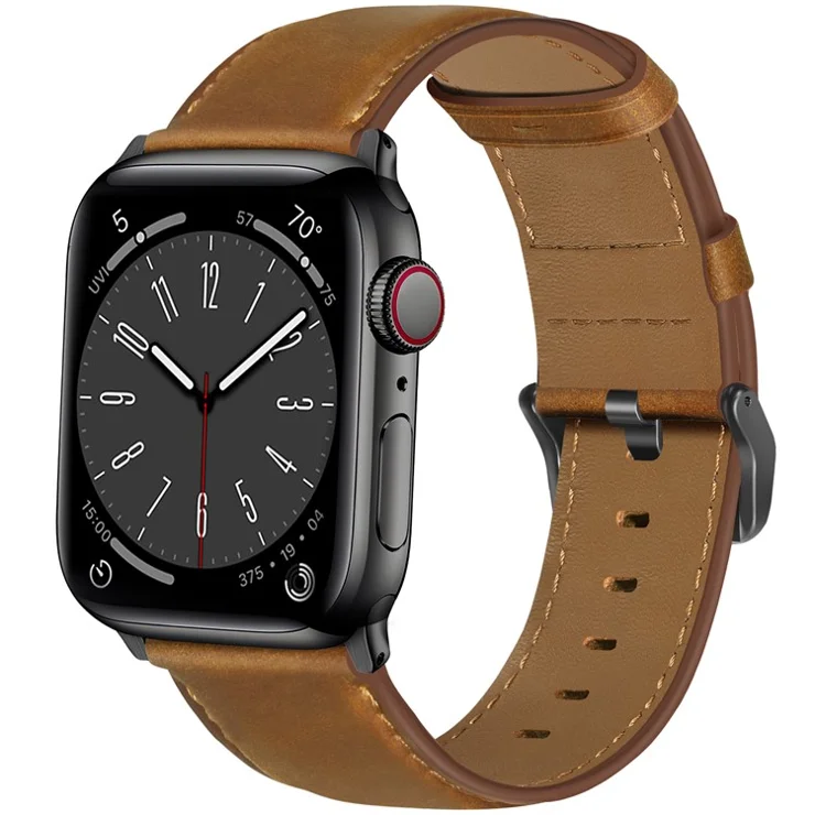 Watch Band for Apple Watch Series 10 Ultra 9 8 7 SE 6 5 4 3 2 1 46mm 49mm 45mm 44mm 42mm Genuine Cow Leather Strap - Red Brown / Black Buckle