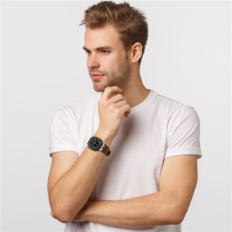 For Samsung Galaxy Watch Ultra 47mm Adjustable Watch Band Genuine Cow Leather Strap - Dark Brown / Titanium Buckle