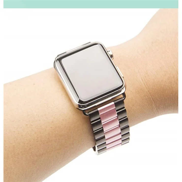 JLT Three Beads Stainless Steel Flat Buckles Watch Strap Band for Apple Watch Series 9 / 8 / 7 / 6 / SE (2023) / SE(2022) 40mm / 3 / 2 / 1 38mm - Black / Pink