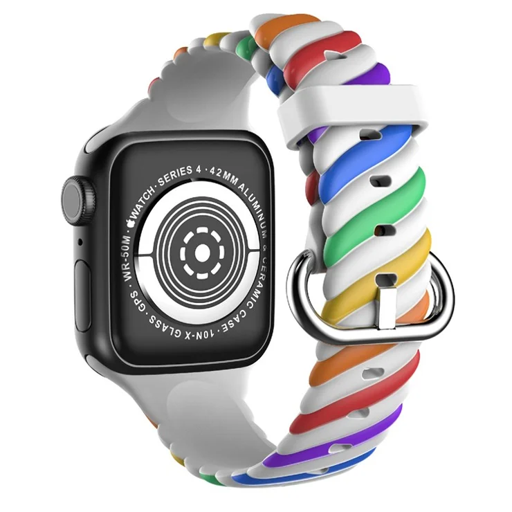 Soft Silicone Dual-color Twisted Watch Band Strap Replacement for Apple Watch Ultra 49mm / Ultra 2 49mm / Series 9 45mm / SE (2023) 44mm / Series 8 / 7 45mm / Series 6 / 5 / 4 / SE / SE (2022) 44mm / Series 3 / 2 / 1 42mm - Rainbow / White