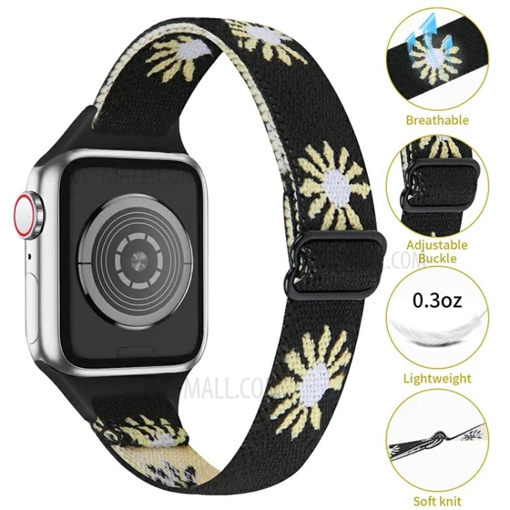 Adjustable Braided Nylon Smart Watch Band Wrist Strap for Apple Watch Series 8 41mm / Series 7 41mm / 1 / 2 / 3 38mm 4 / 5 / 6 40mm - Black Daisy