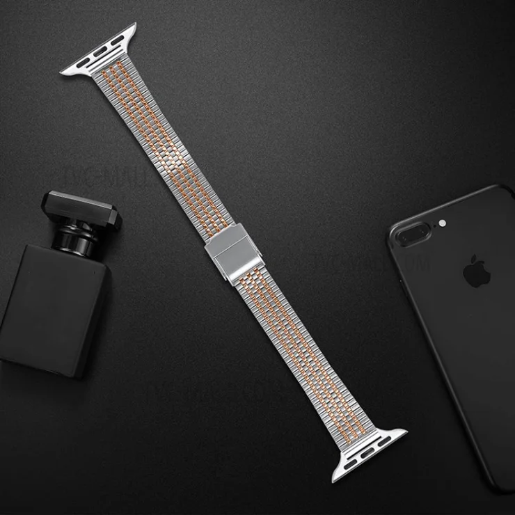 14mm Seven Beads Fashion Stainless Steel Watch Strap Dual Buckle Watch Bracelet for Apple Watch Ultra 49mm / Series 8 45mm / 7 45mm / SE 44mm / SE (2022) 44mm / Series 6 / 5 / 4 44mm / Series 3 / 2 / 1 42mm - Silver / Rose Gold