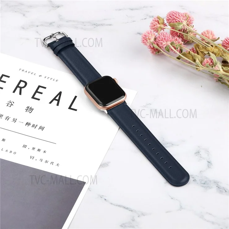 Anti-scratch Fashionable Top-layer Cowhide Leather Genuine Leather Watch Strap for Apple Watch Ultra 49mm / Ultra 2 49mm / Series 9 45mm / SE (2023) 44mm / Series 8 45mm / 7 45mm / SE 44mm / SE (2022) 44mm / Series 4 / 5 / 6 44mm / Series 1 / 2 / 3 42mm - Midnight Blue