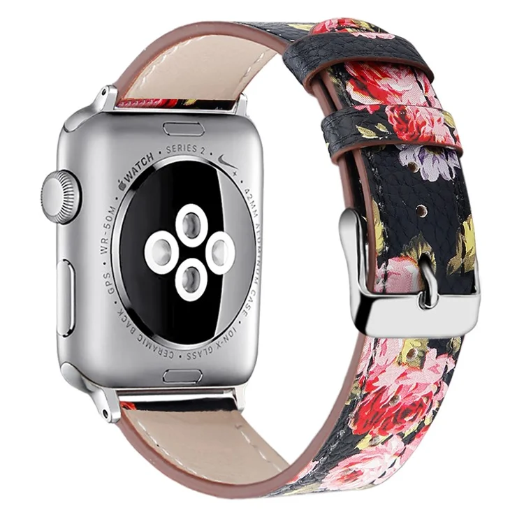 Adjustable Top Layer Cowhide Genuine Leather Watch Strap Band for Apple Watch Series 10 42mm / 9 8 7 41mm / 6 5 4 SE SE (2022) SE (2023) 40mm / 3 2 1 38mm - Black / Pink Flower