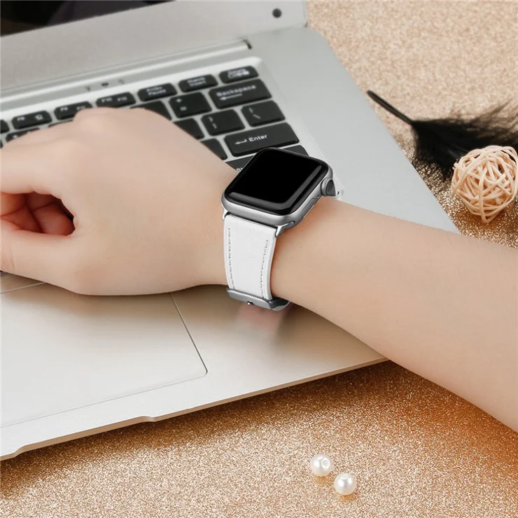 Adjustable Top Layer Cowhide Genuine Leather Watch Strap Band for Apple Watch Series 10 42mm / 9 8 7 41mm / 6 5 4 SE SE (2022) SE (2023) 40mm / 3 2 1 38mm - White
