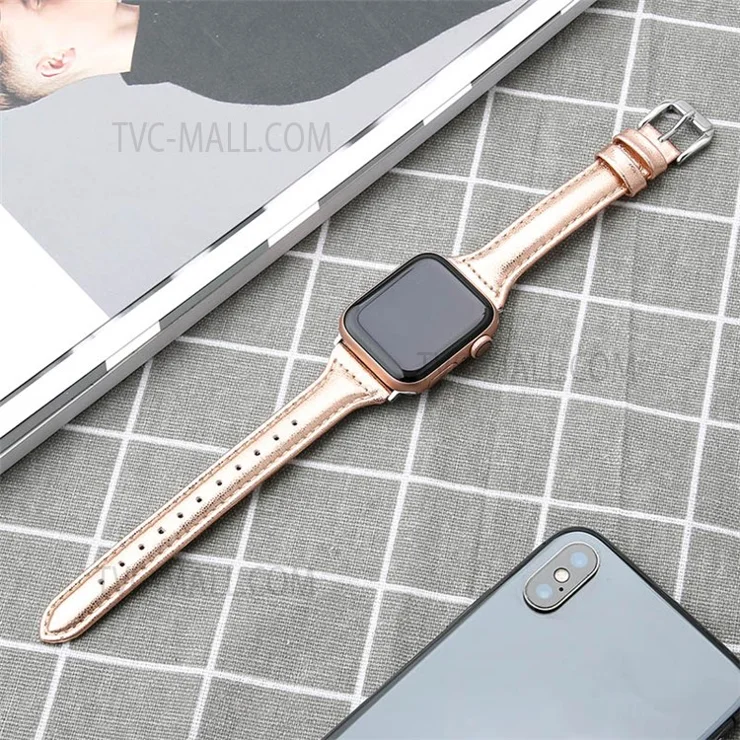B6 Stitching Line Genuine Leather Strap Watch Band for Apple Watch Ultra 49mm / Ultra 2 49mm / Series 9 45mm / SE (2023) 44mm / Series 8 45mm / 7 45mm / 6 / 5 / 4 / SE 44mm / SE (2022) 44mm / 3 / 2 / 1 42mm - Rose Gold