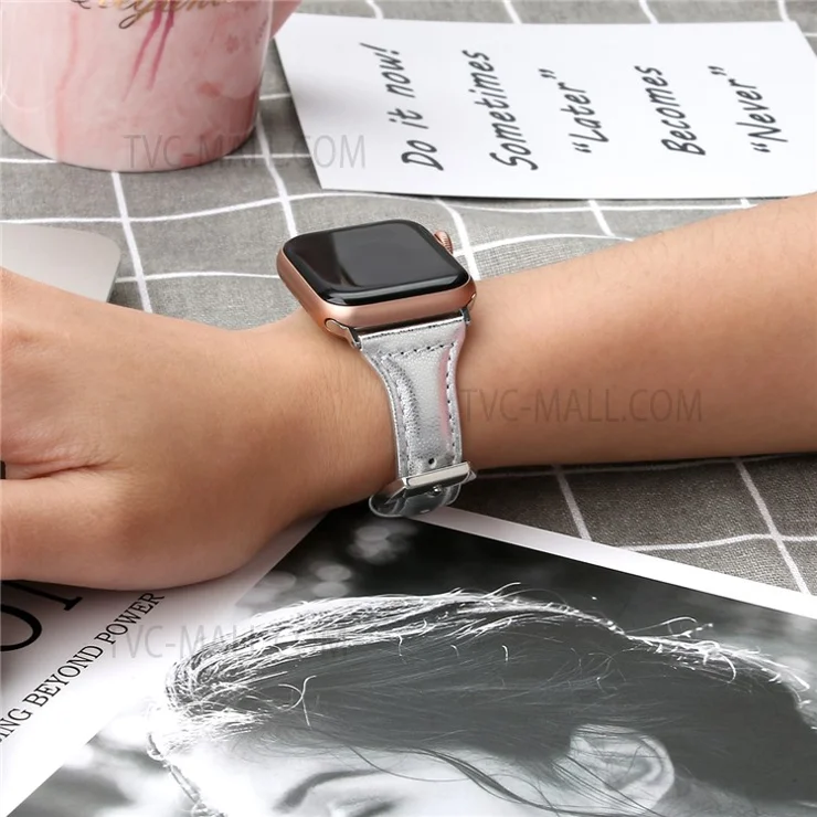 B6 Replacement Stitching Line Genuine Leather Watch Strap Band for Apple Watch Series 10 42mm / 9 8 7 41mm / 6 5 4 SE SE (2022) SE (2023) 40mm / 3 2 1 38mm - Silver