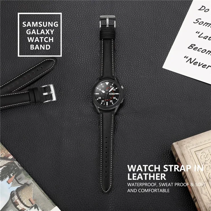 22mm First Layer Cowhide Leather Smart Watch Strap for Samsung Galaxy Watch3 45mm - Black