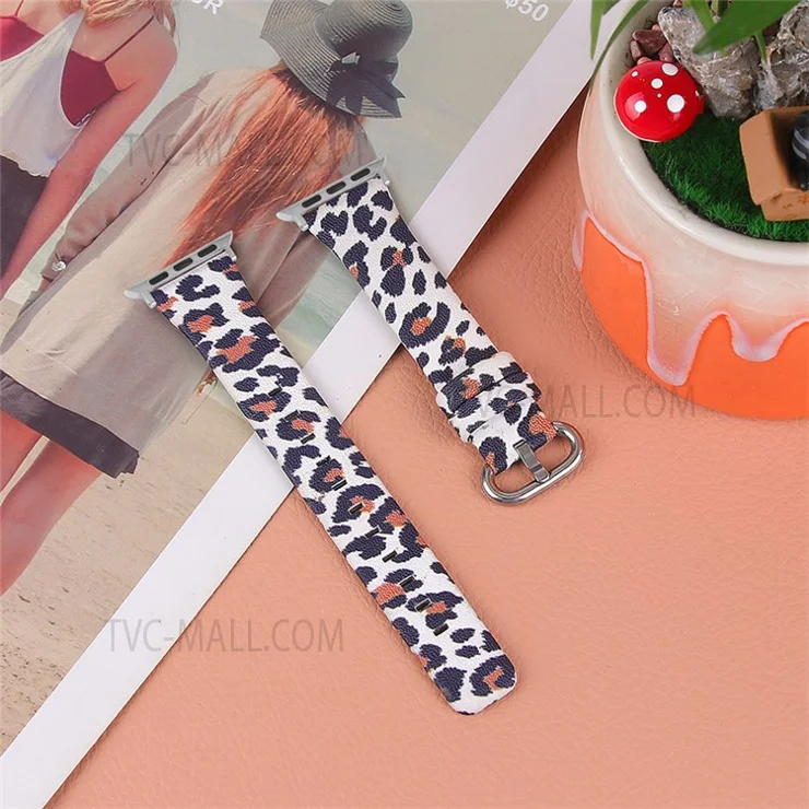 Fashion Leopard Pattern Watchband Top Layer Cowhide Genuine Leather Round Tail Strap for Apple Watch Series 8 41mm / Series 7 41mm / Series 6 / 5 / 4 / SE / SE(2022) 40mm / Watch Series 1 / 2 / 3 38mm - White / Brown Leopard