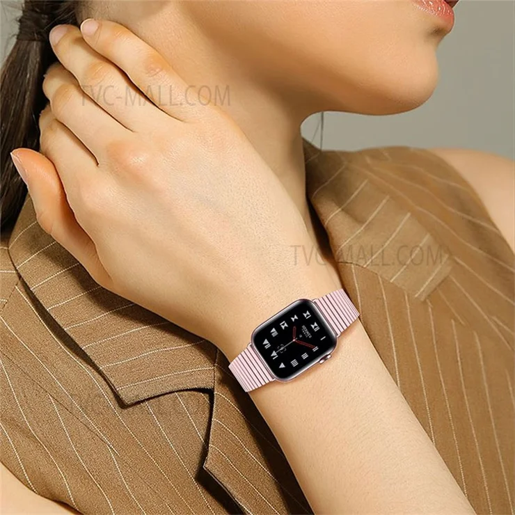Side Textured Stainless Steel Watch Band iWatch Double Buckle Strap for Apple Watch Series 10 42mm / 9 8 7 41mm / 6 5 4 SE SE (2022) SE (2023) 40mm / 3 2 1 38mm - Rose Pink