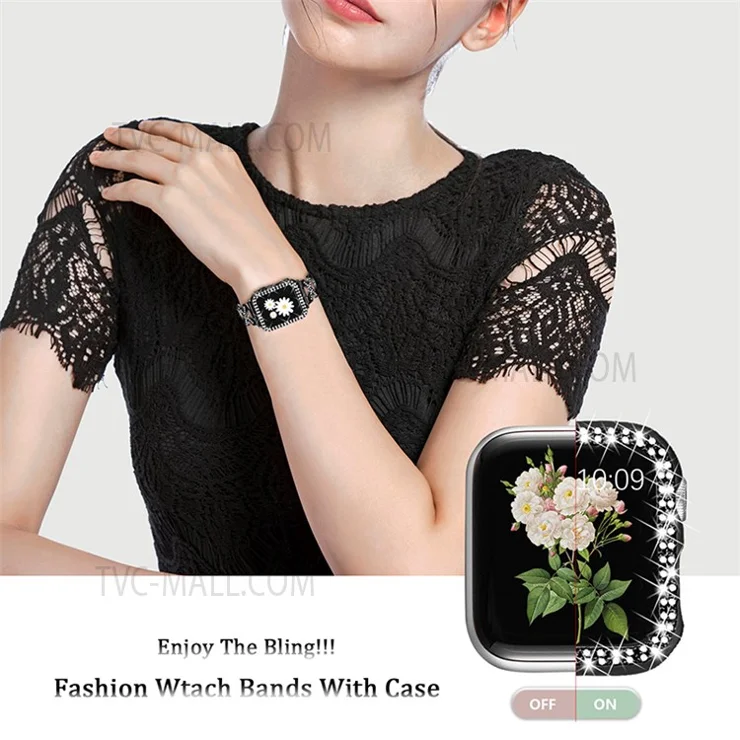 Stainless Steel Rhinestone Decor Watch Case Cover + X Design Watch Band Strap for Apple Watch SE 44mm / SE (2022) 44mm / Watch Series 4 / 5 / 6 44mm - Black