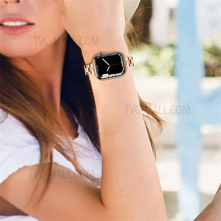 Adjustable Stainless Steel 3 Beads Wrist Strap Watchband with Double Folding Buckle for Apple Watch Ultra 2 49mm / Series 9 45mm / SE (2023) 44mm / Ultra 49mm / Series 8 45mm / 7 45mm / 6 / 5 / 4 / SE 44mm / SE (2022) 44mm / 3 / 2 / 1 42mm - Rose Gold
