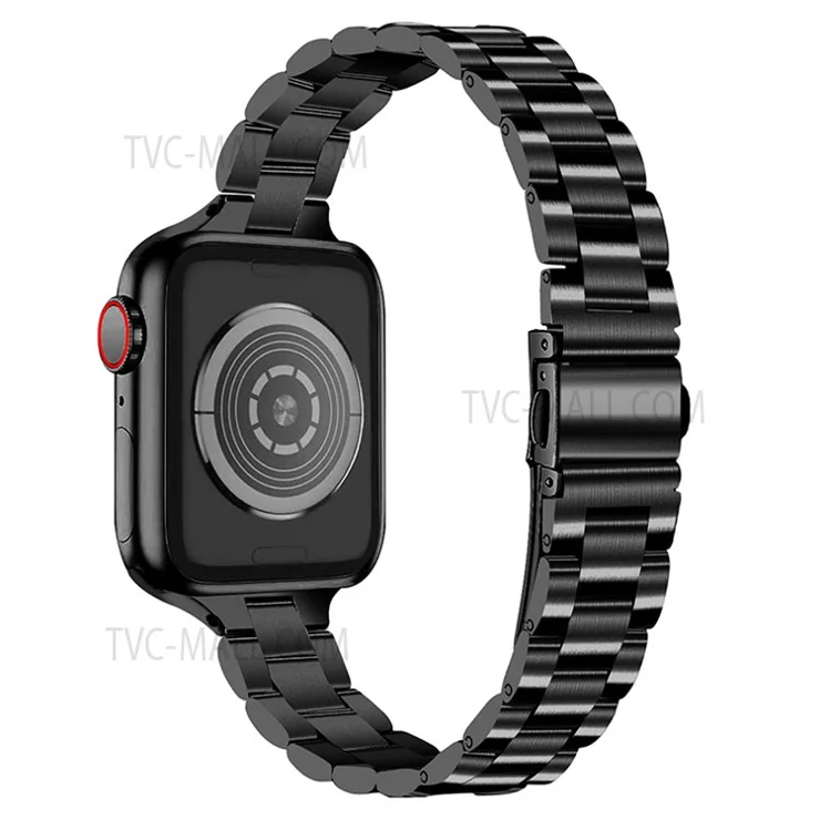 Adjustable Stainless Steel 3 Beads Wrist Strap Watchband with Double Folding Buckle for Apple Watch Ultra 2 49mm / Series 9 45mm / SE (2023) 44mm / Ultra 49mm / Series 8 45mm / 7 45mm / 6 / 5 / 4 / SE 44mm / SE (2022) 44mm / 3 / 2 / 1 42mm - Black