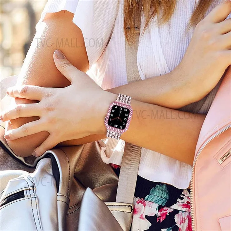 Five Beads Rhinestone Metal Watch Band + Anti-fall Protective Cover Case for Apple Watch SE 40mm Series 6/5/4 40mm - Rose Pink