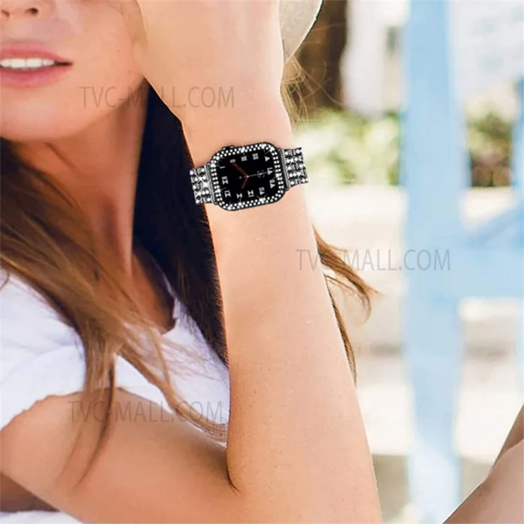 iWatch Rhinestone Decor Stainless Steel 5 Beads Watch Strap + PC Watch Case Protective Cover for Apple Watch Series 7 41mm - Black