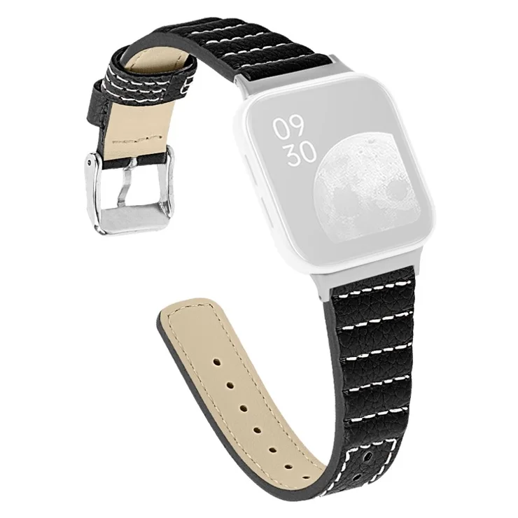 Top Layer Cowhide Genuine Leather Durable Wave Texture Replacement Smart Watch Strap with Buckle for Oppo Watch 46mm - Black