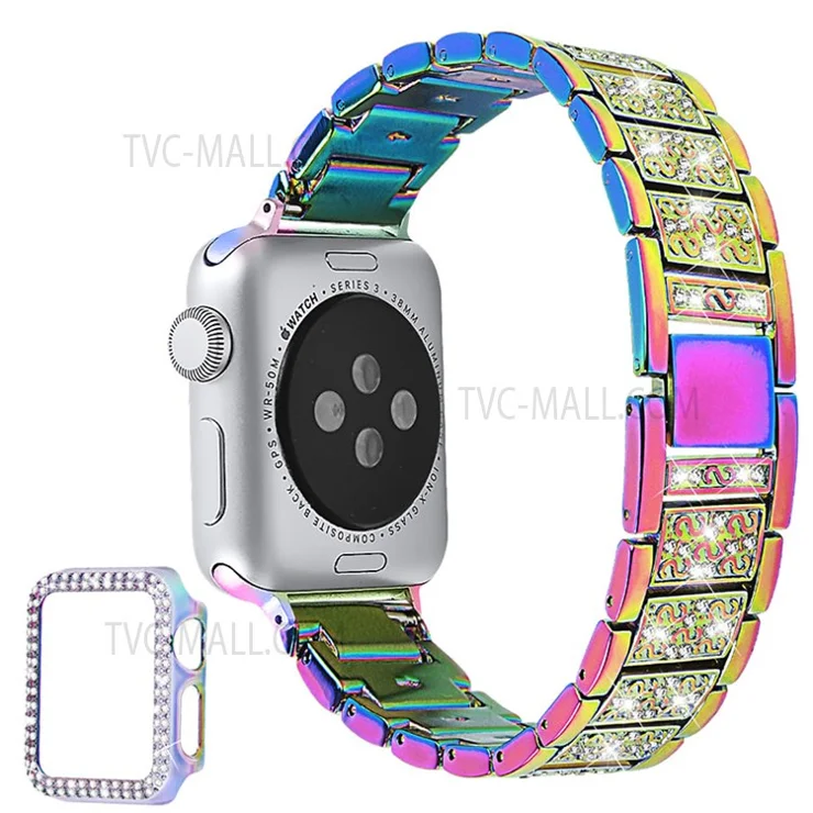 3 Beads Rhinestone Decor Stainless Steel Watch Strap + Double Row Rhinestone PC Drop-proof Watch Case Cover for Apple Watch Series 1/2/3 42mm - Multi-color
