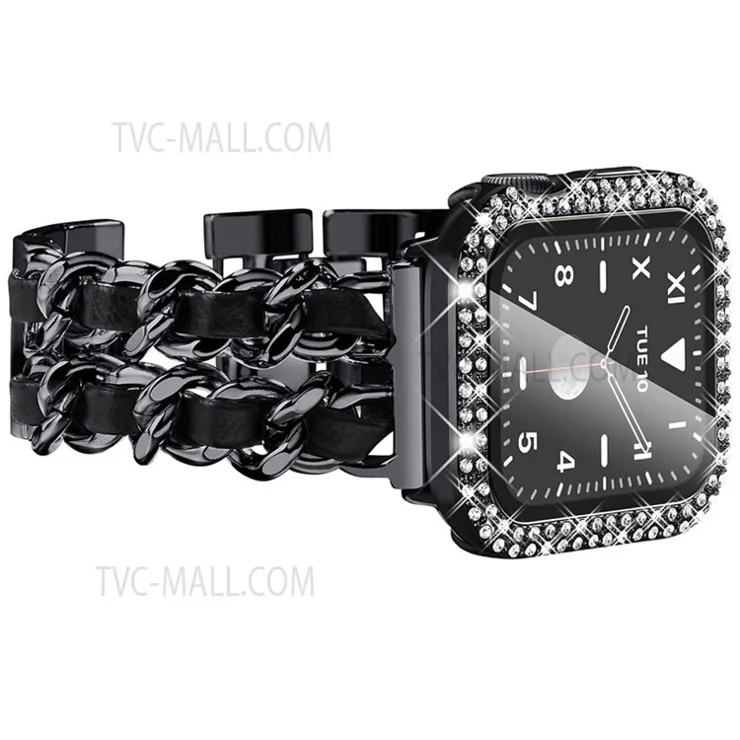 PU Leather and Stainless Steel Watch Strap + Stylish Double Row Rhinestone Anti-fall Protective Case for Apple Watch SE 44mm / SE (2022) 44mm / Series 4 / 5 / 6 44mm - Black / Black Leather