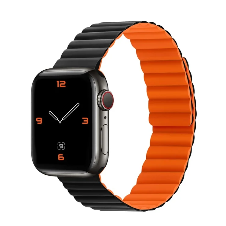 Dual Color Magnetic Silicone Watch Strap Wrist Band for Apple Watch Series 10 46mm / Ultra 2 Ultra 49mm / 9 8 7 45mm / SE (2023) SE (2022) SE 6 5 4 44mm / 3 2 1 42mm - Black / Orange